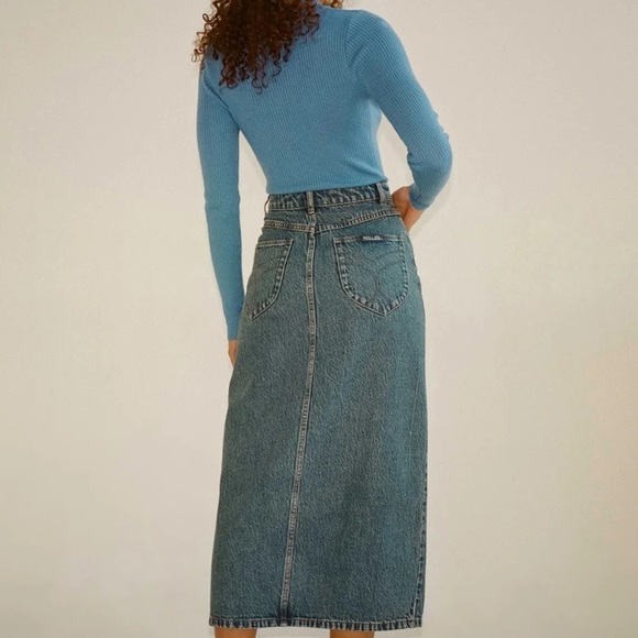ROLLA’S Women's Chicago Denim Skirt Sz 31 Vintage Blue Casual Stretch Front Slit - Picture 11 of 13